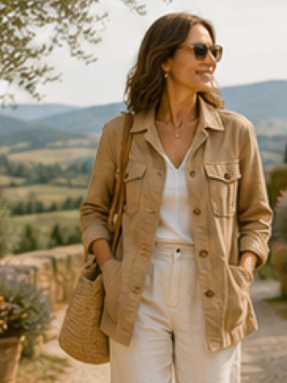 Halston Linen Blend Safari Jacket Utility Shacket Camel Tan M